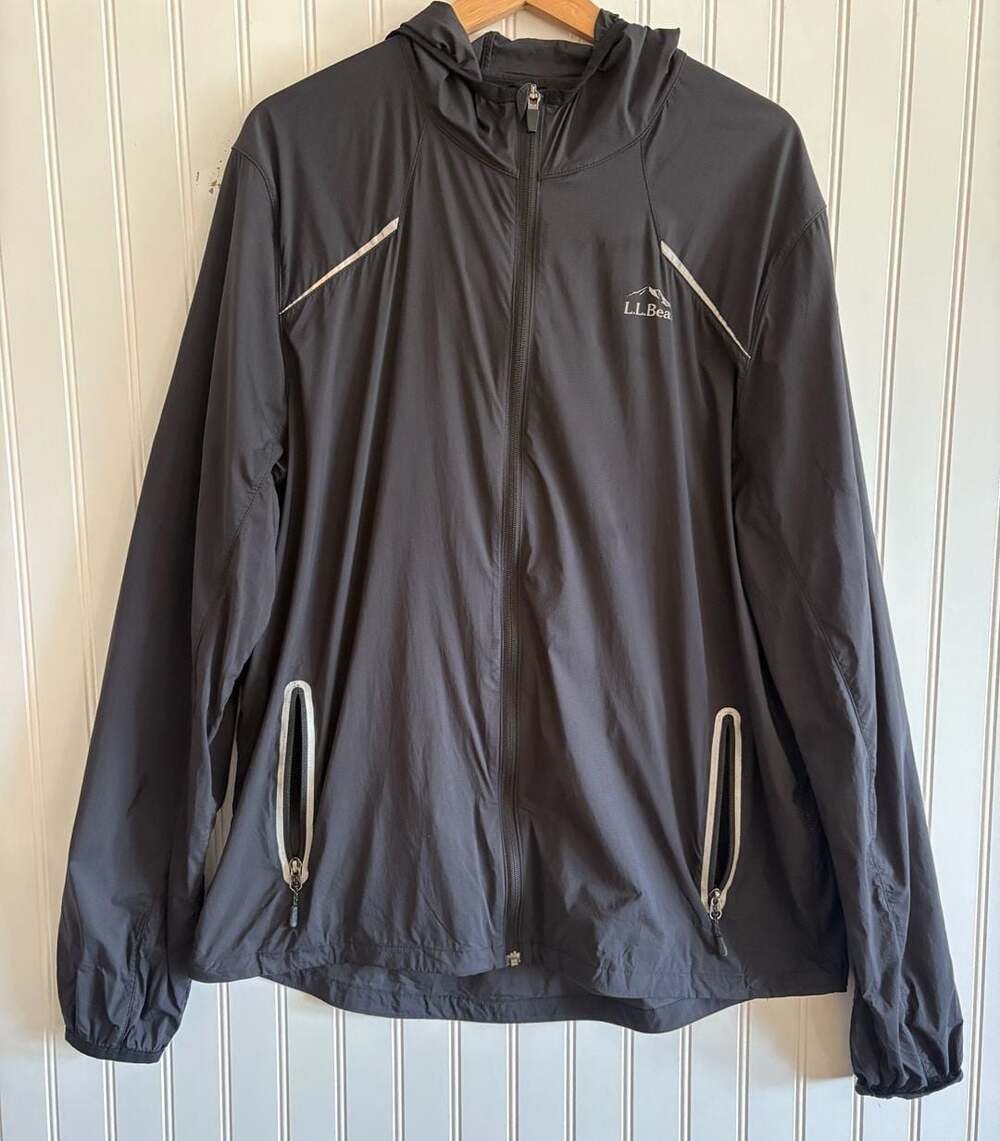 LL Bean Mens XL Jacket Windbreaker Reflective Stripes Dark Gray Drawstring